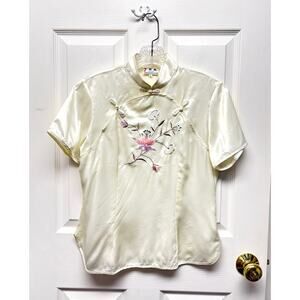 Silk Blouse Embroidered Kimono Frog Closure Short Sleeve Asian Style Size L